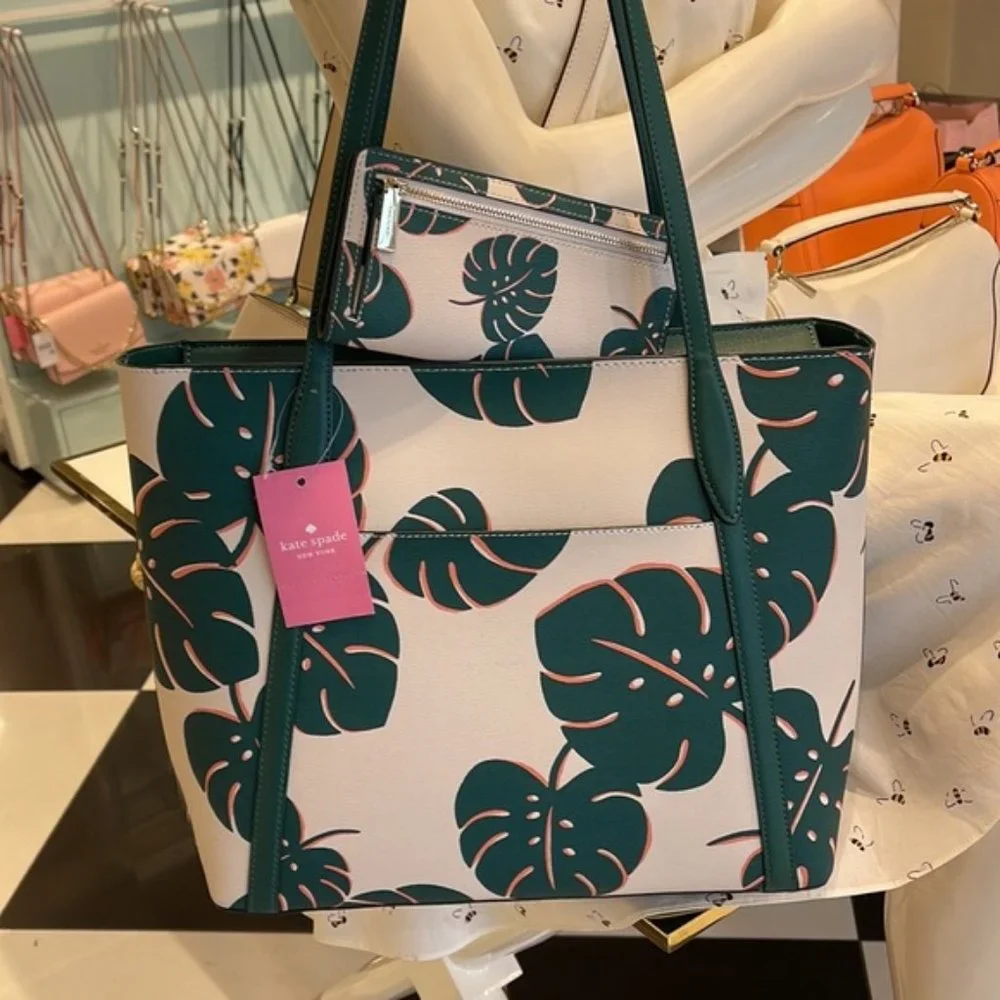 Kate Spade Cara Large Tote Monstera Leaves & Large Slim Bifold Wallet Cream Mult - Picture 11 of 16